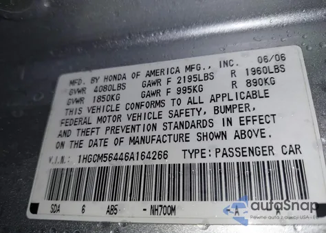 2006 Honda Accord 2.4 Lx из США, поврежденный, VIN 1HGCM56446A164266